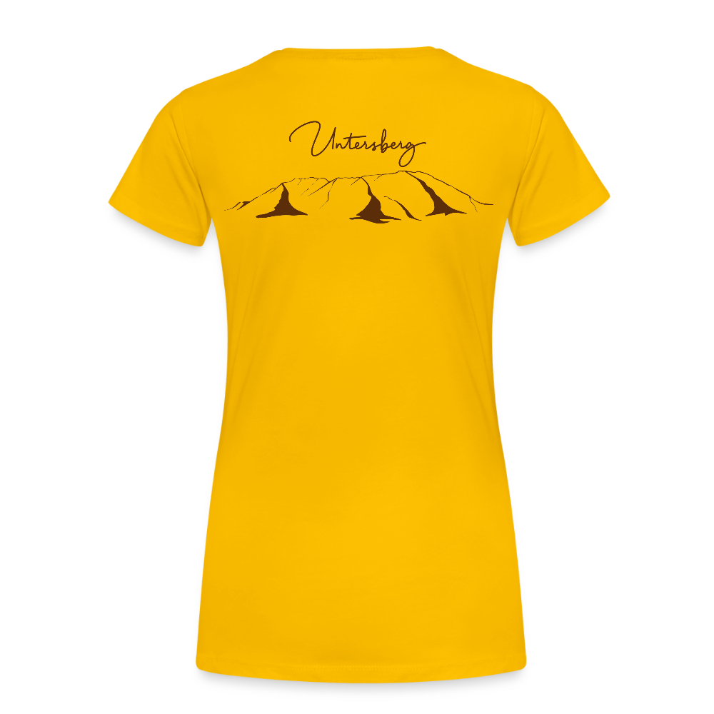 Untersberg Frauen Premium T-Shirt Gelb 4xDruck Edelbraun - Sonnengelb