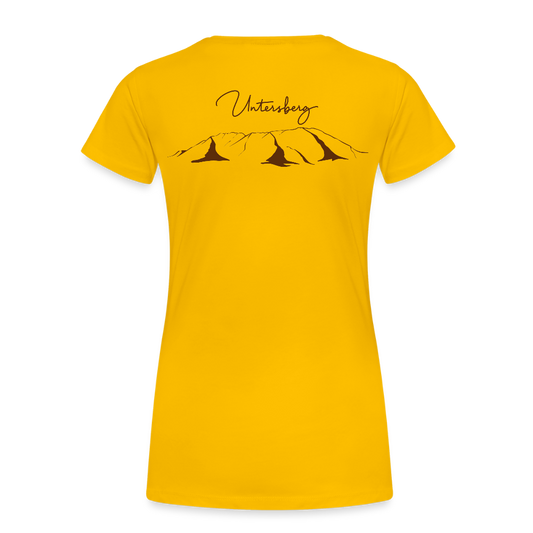 Untersberg Frauen Premium T-Shirt Gelb 4xDruck Edelbraun - Sonnengelb