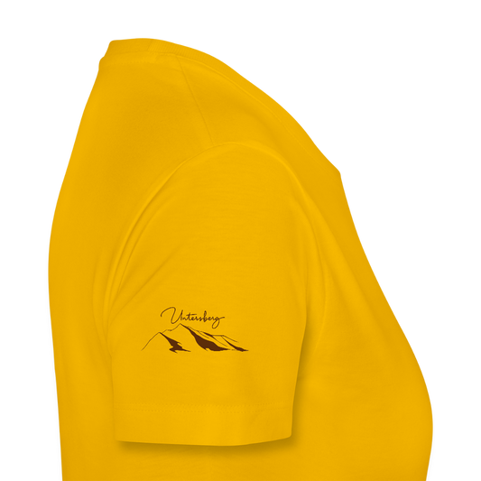 Untersberg Frauen Premium T-Shirt Gelb 4xDruck Edelbraun - Sonnengelb