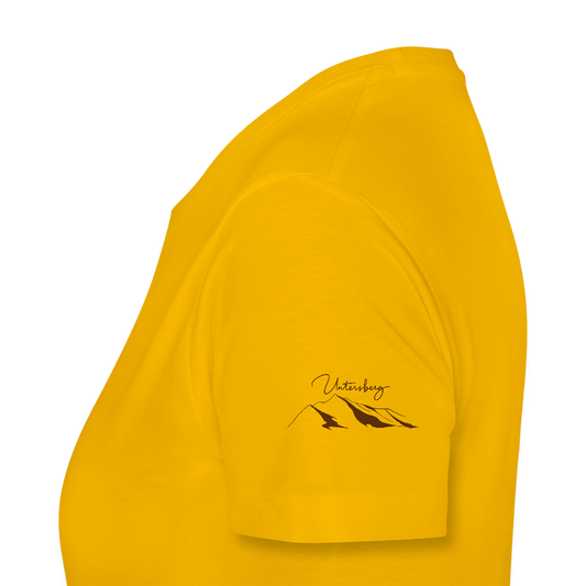 Untersberg Frauen Premium T-Shirt Gelb 4xDruck Edelbraun - Sonnengelb